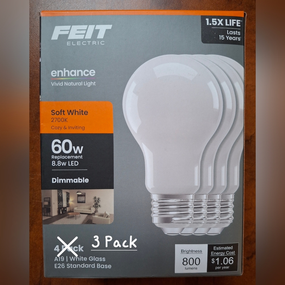Feit Enhanced A19 E26 LED Bulb Soft White 3pk (Missing 4th Bulb)